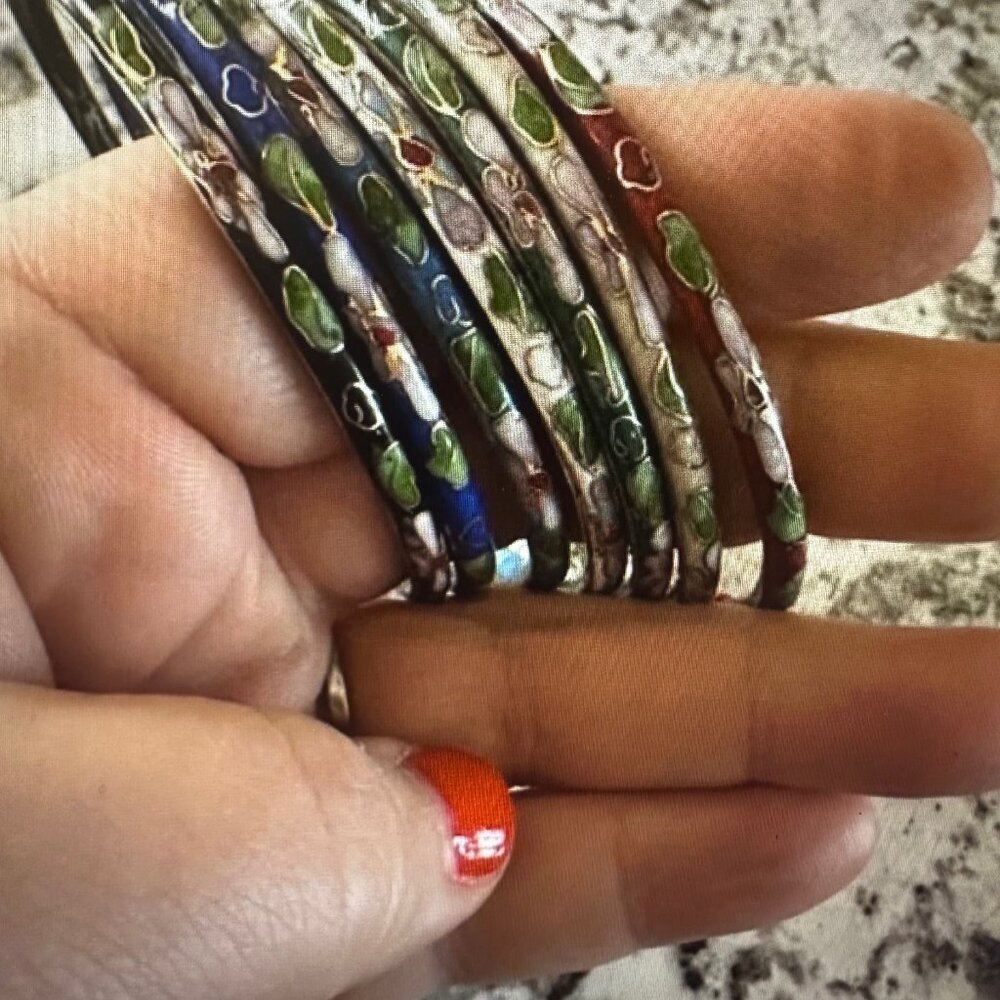 Vintage Chinese cloisonné enamel floral bangle bracelets